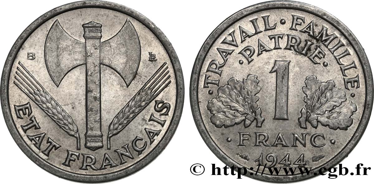 1 franc Francisque, légère 1944 Beaumont-Le-Roger F.223/6 MS60 