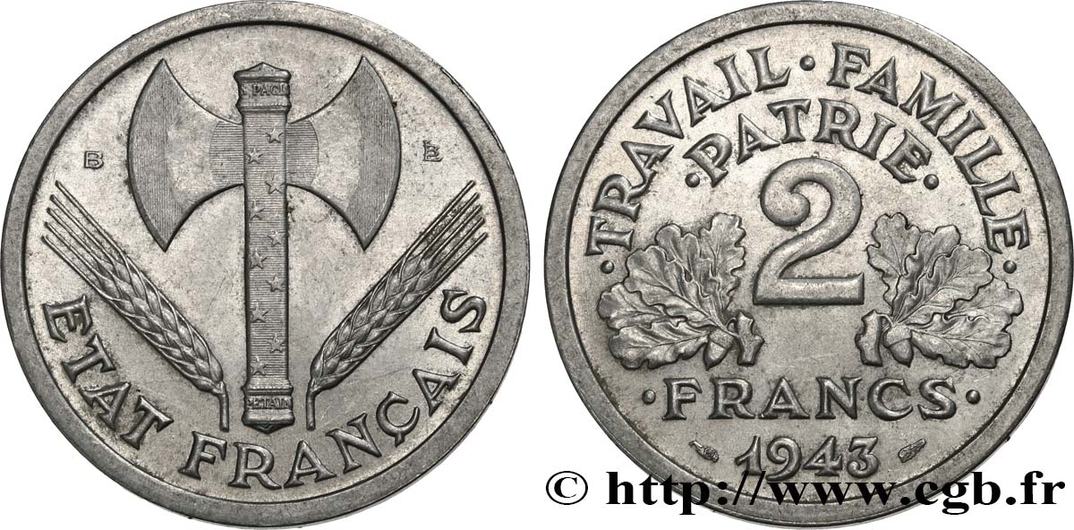 2 francs Francisque 1943 Beaumont-Le-Roger F.270/3 AU58 