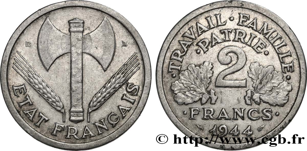 2 francs Francisque 1944 Beaumont-Le-Roger F.270/5 MBC+ 