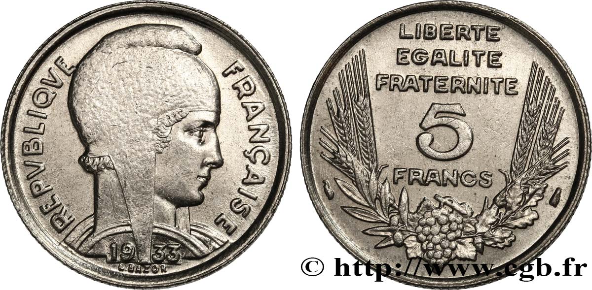 5 francs Bazor 1933  F.335/3 MS60 