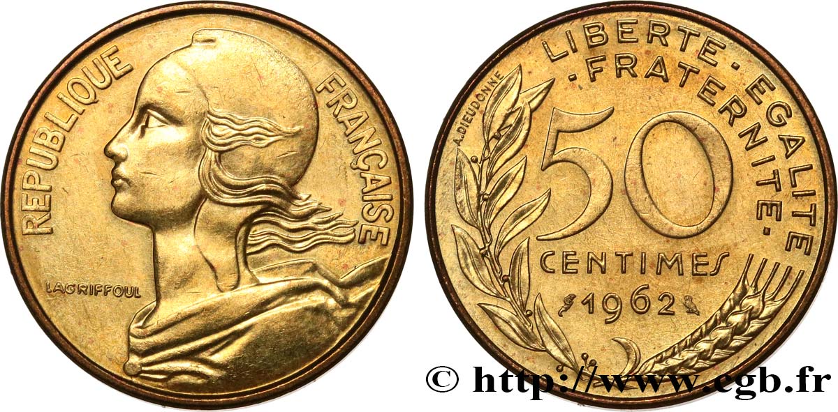 50 centimes Marianne, col à trois plis 1962 Paris F.197/2 AU58 