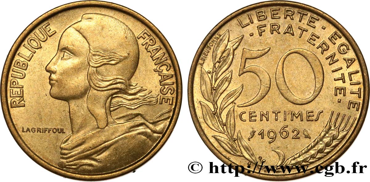 50 centimes Marianne, col à 4 plis 1962 Paris F.197/3 AU58 