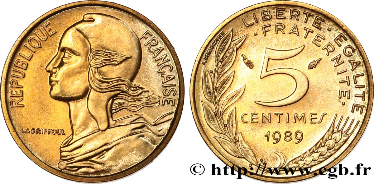 5 centimes Marianne, Brillant Universel 1989 Pessac F.125/25 SPL63 