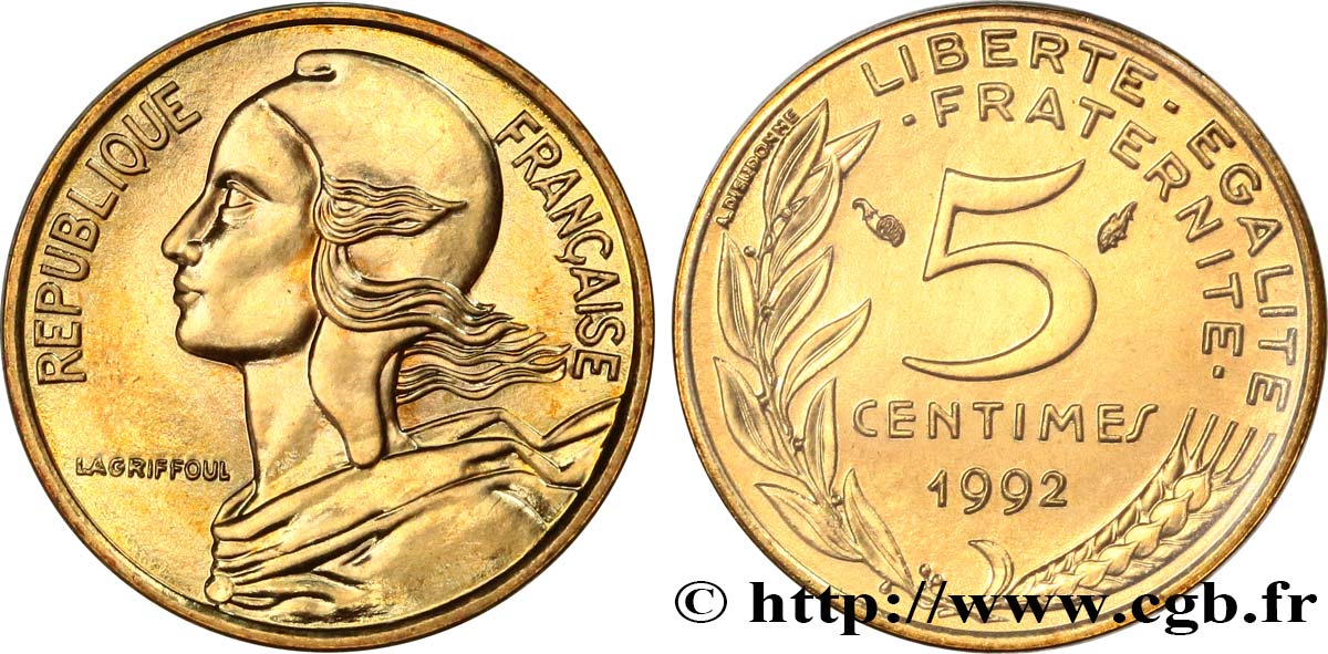 5 centimes Marianne, BU (Brillant Universel), frappe médaille 1992 Pessac F.125/31 MS 