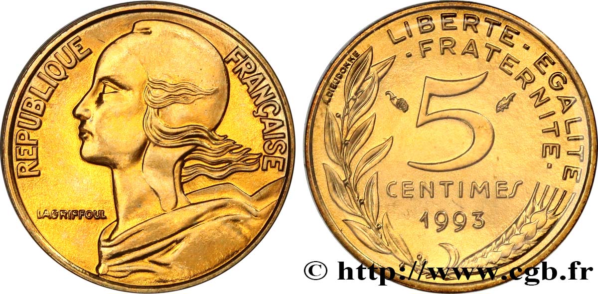 5 centimes Marianne, BU (Brillant Universel), frappe médaille 1993 Pessac F.125/34 ST 