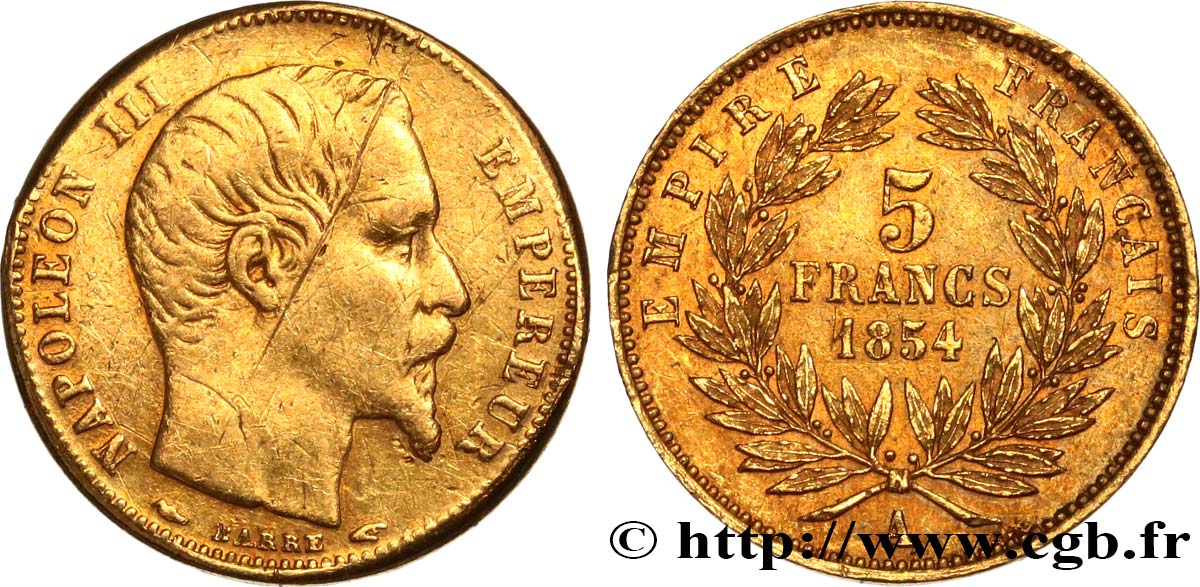 5 francs or Napoléon III, tête nue, petit module, tranche lisse 1854 Paris F.500/1 TB 