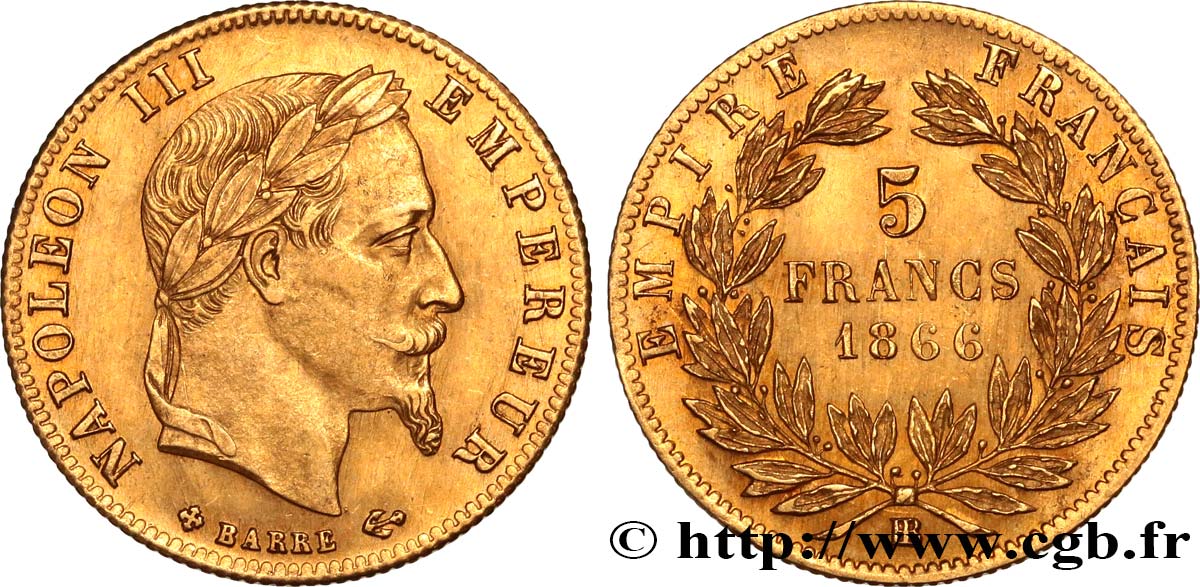 5 francs or Napoléon III, tête laurée 1866 Strasbourg F.502/10 MS62 