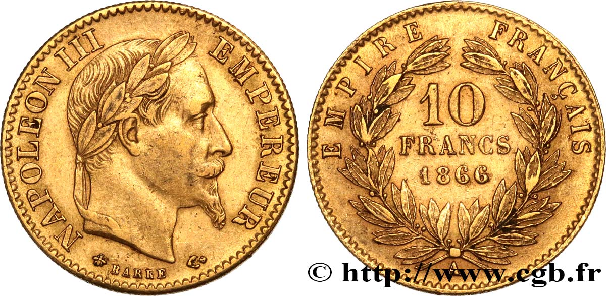 10 francs or Napoléon III, tête laurée 1866 Paris F.507A/12 AU50 