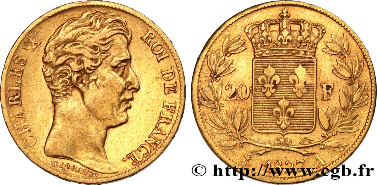 20 francs or Charles X 1827 Paris F.520/6 VF35 