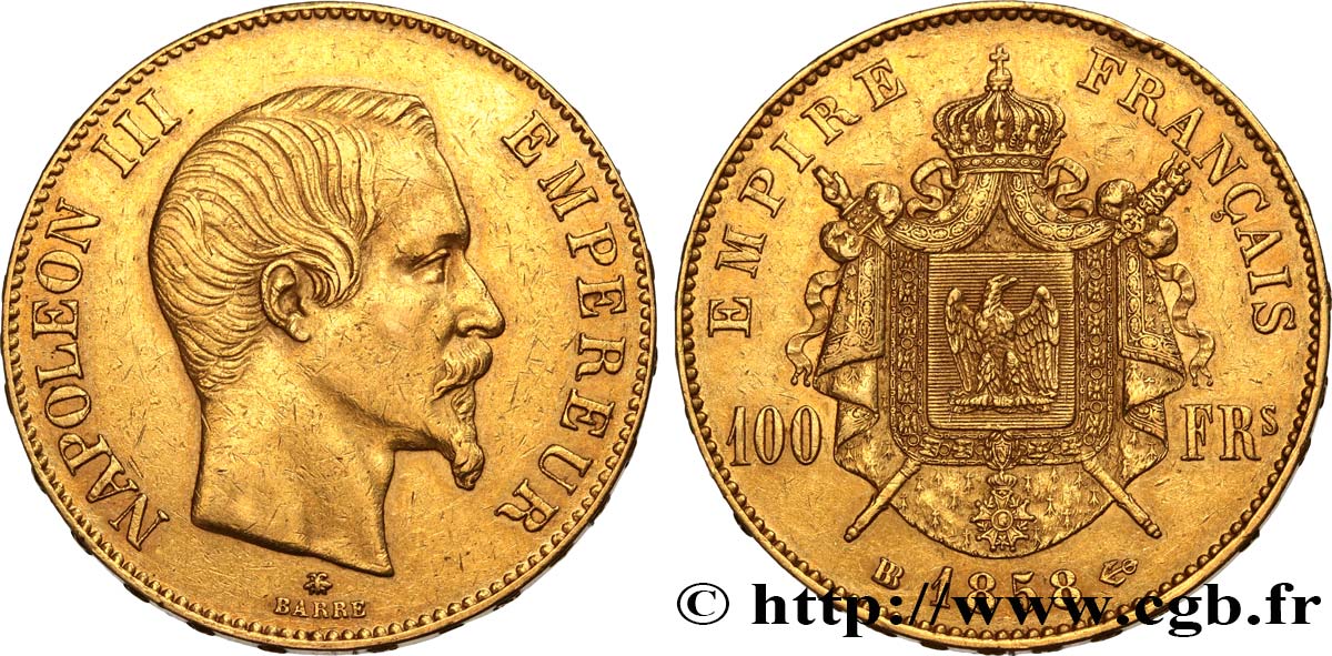 100 francs or Napoléon III, tête nue 1858 Strasbourg F.550/6 q.SPL 