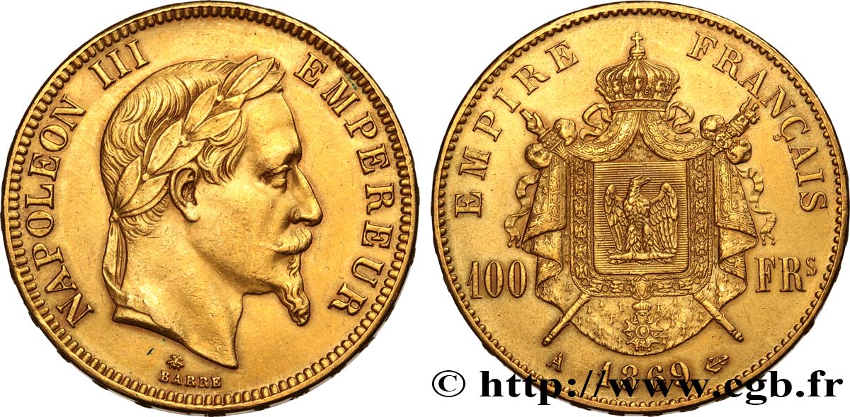 100 francs or Napoléon III, tête laurée 1869 Paris F.551/12 EBC 