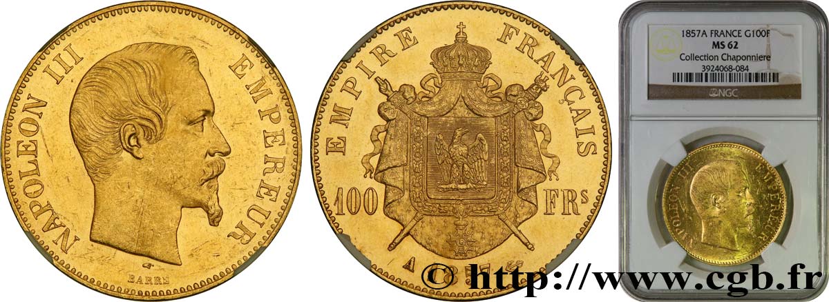100 francs or Napoléon III, tête nue 1857 Paris F.550/4 VZ62 NGC