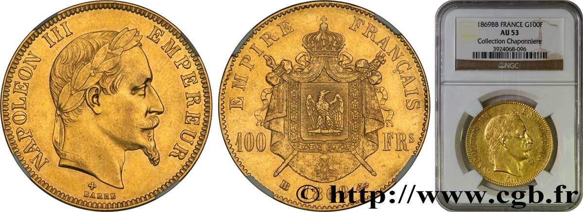100 francs or Napoléon III, tête laurée 1869 Strasbourg F.551/13 MBC53 NGC