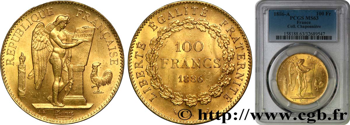 100 francs or Génie, tranche inscrite en relief Dieu protège la France 1886 Paris F.552/7 MS63 PCGS