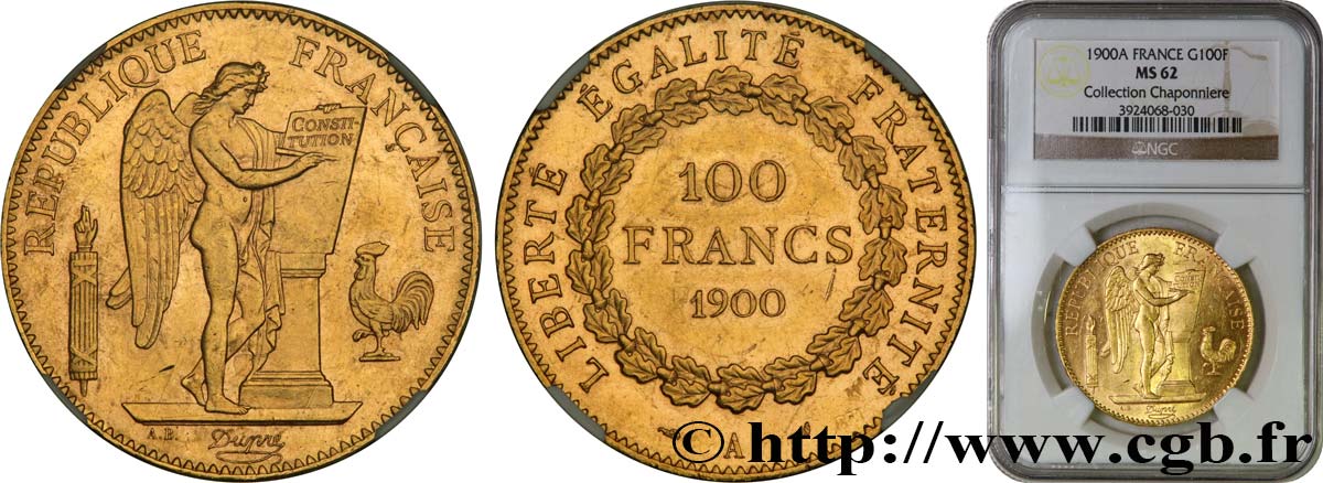 100 francs or Génie, tranche inscrite en relief Dieu protège la France 1900 Paris F.552/13 MS62 NGC