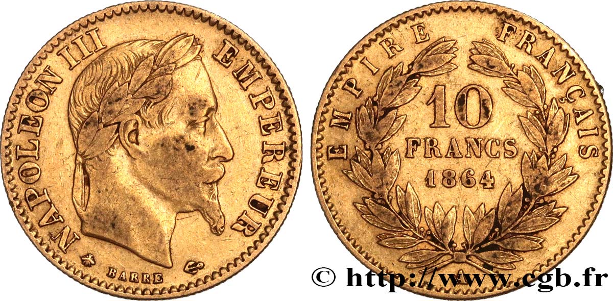 10 francs or Napoléon III, tête laurée, type définitif à grand 10 1864 Paris F.507A/6 S30 