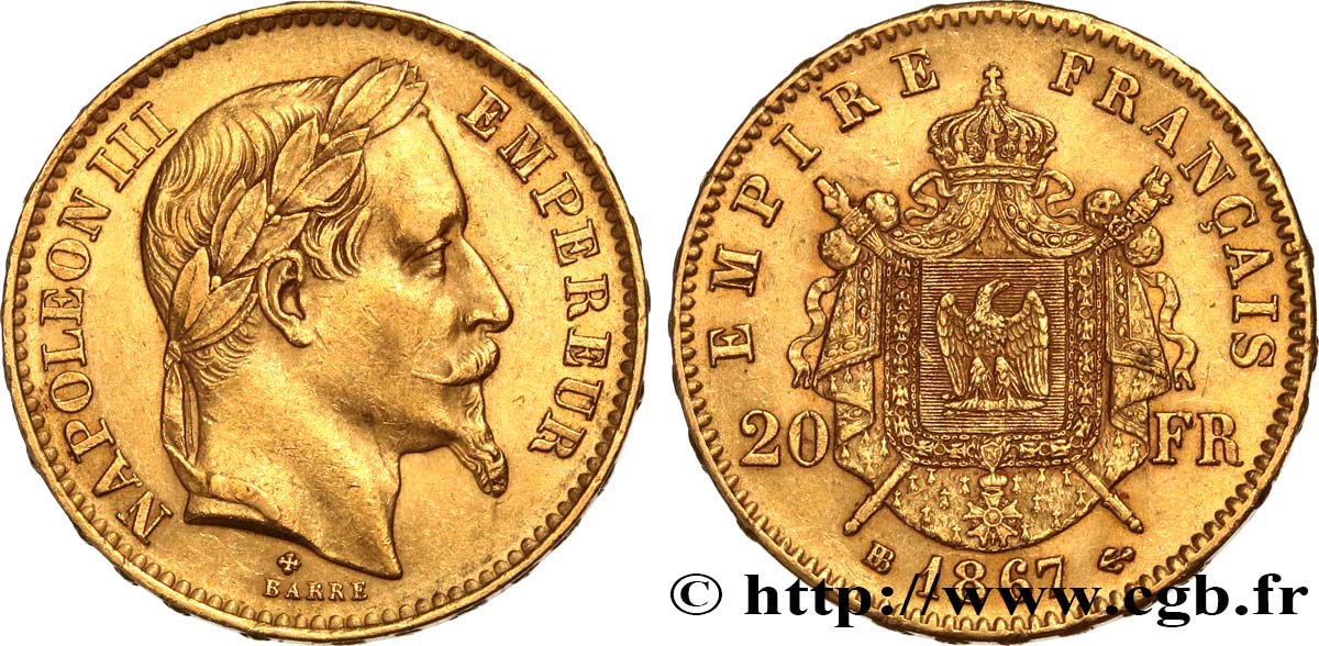 20 francs or Napoléon III, tête laurée, petit BB 1867 Strasbourg F.532/16 AU53 