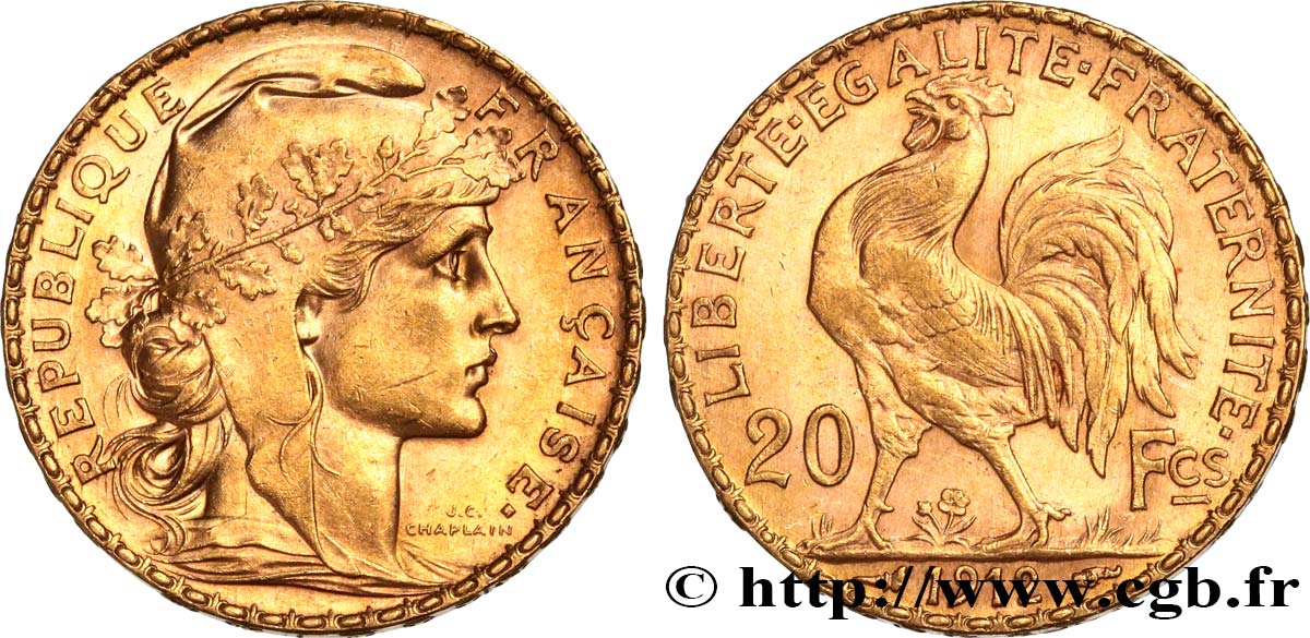 20 francs or Coq, Liberté Égalité Fraternité 1912 Paris F.535/6 SUP+ 