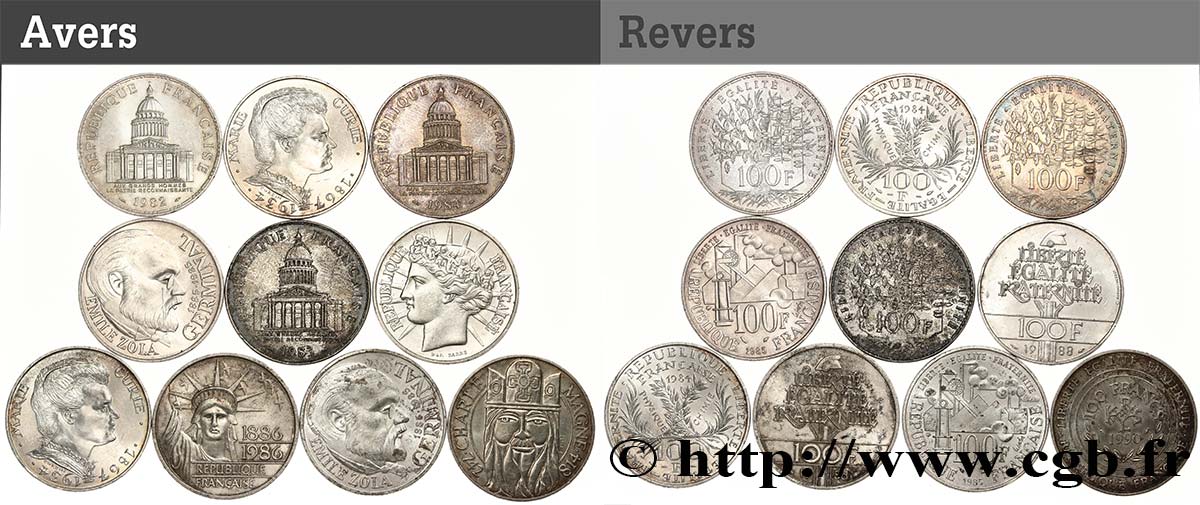 Lot de 10 pièces de 100 francs commémoratives - - F.-/ XF 