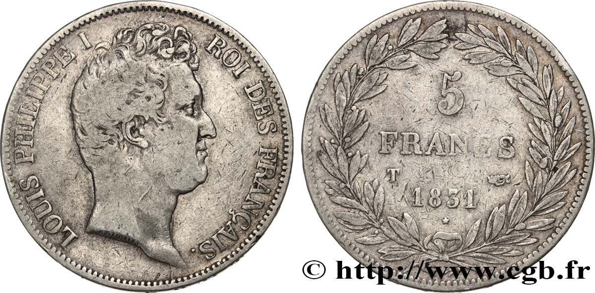 5 francs type Tiolier avec le I, tranche en creux 1831 Nantes F.315/26 TB30 
