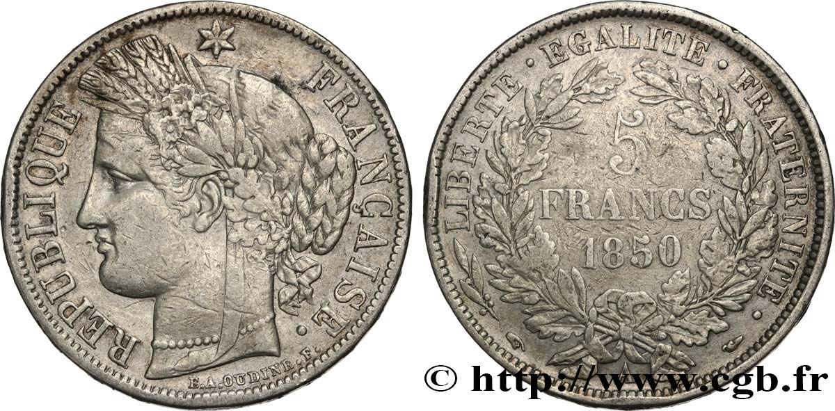 5 francs Cérès, IIe République 1850 Paris F.327/4 TB 