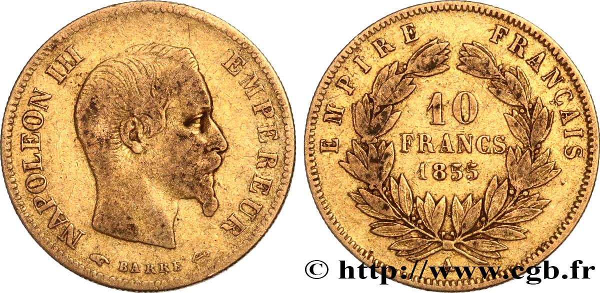 10 francs or Napoléon III, tête nue, grand module 1855 Paris F.506/1 VF25 