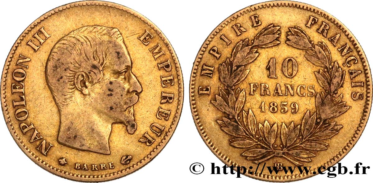 10 francs or Napoléon III, tête nue 1859 Strasbourg F.506/8 VF30 