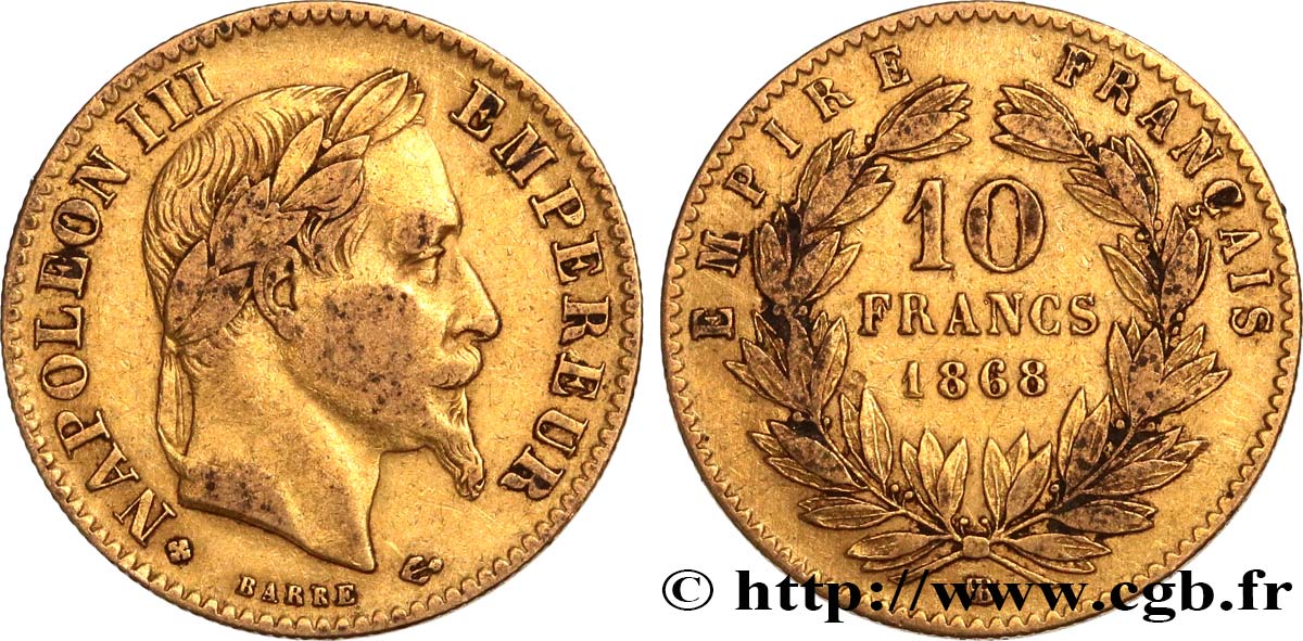 10 francs or Napoléon III, tête laurée 1868 Strasbourg F.507A/18 TB35 