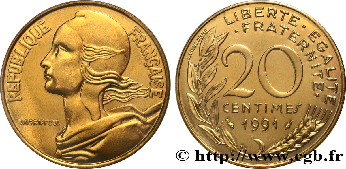 20 centimes Marianne, BU (Brillant Universel), frappe médaille 1991 Pessac F.156/32 MS 
