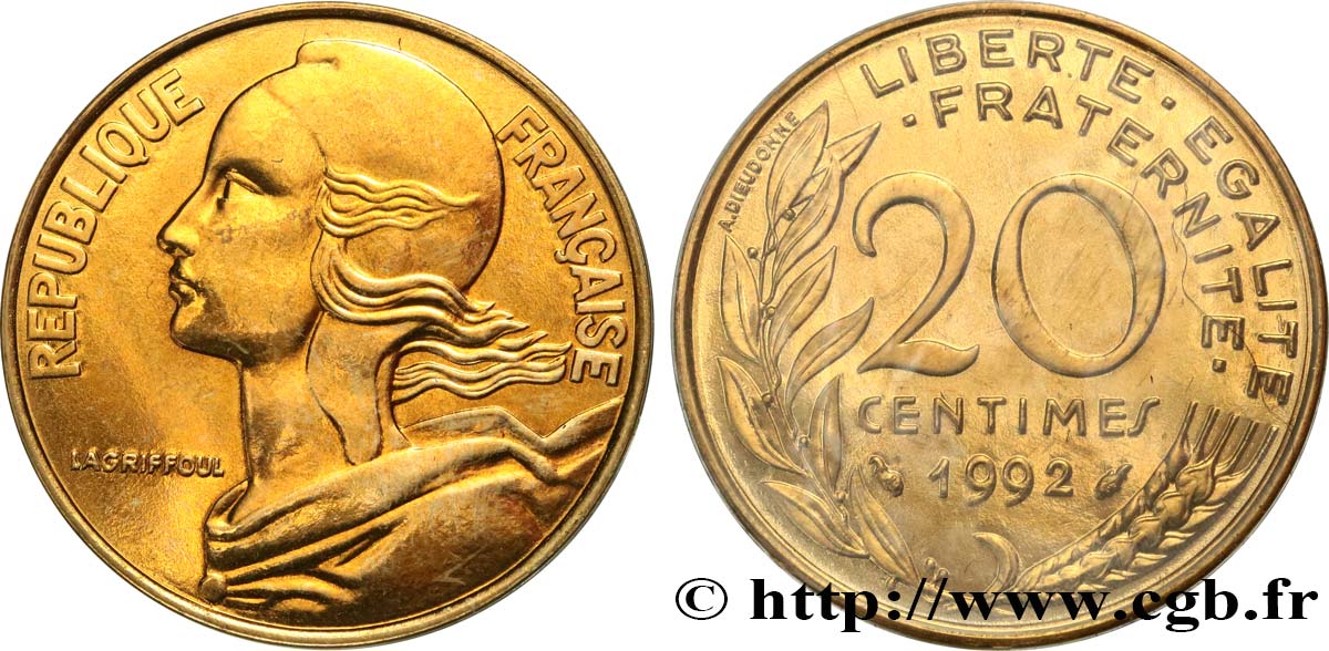 20 centimes Marianne, BU (Brillant Universel), frappe médaille 1992 Pessac F.156/34 MS 
