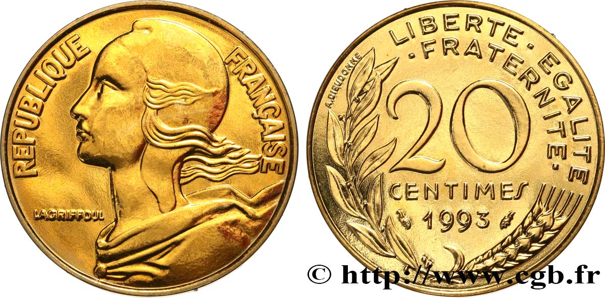 20 centimes Marianne, BU (Brillant Universel), frappe médaille 1993 Pessac F.156/36 MS 