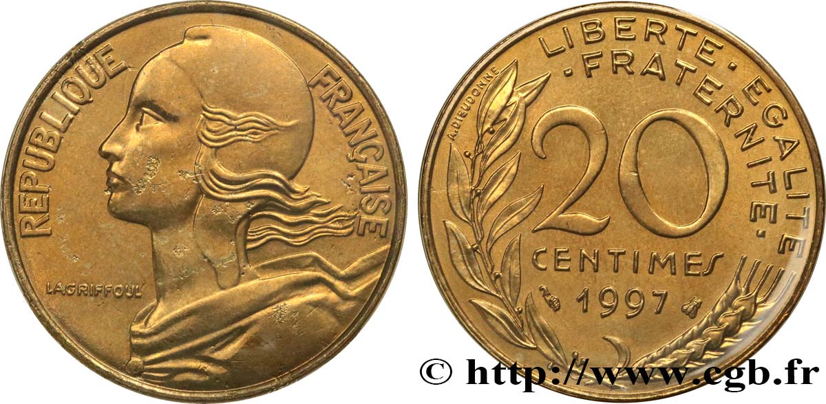20 centimes Marianne, BU (Brillant Universel), fauté 1997 Pessac F.156/41 MS 