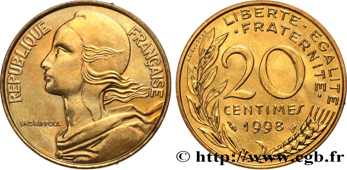 20 centimes Marianne, BU (Brillant Universel) 1998 Pessac F.156/42 MS 