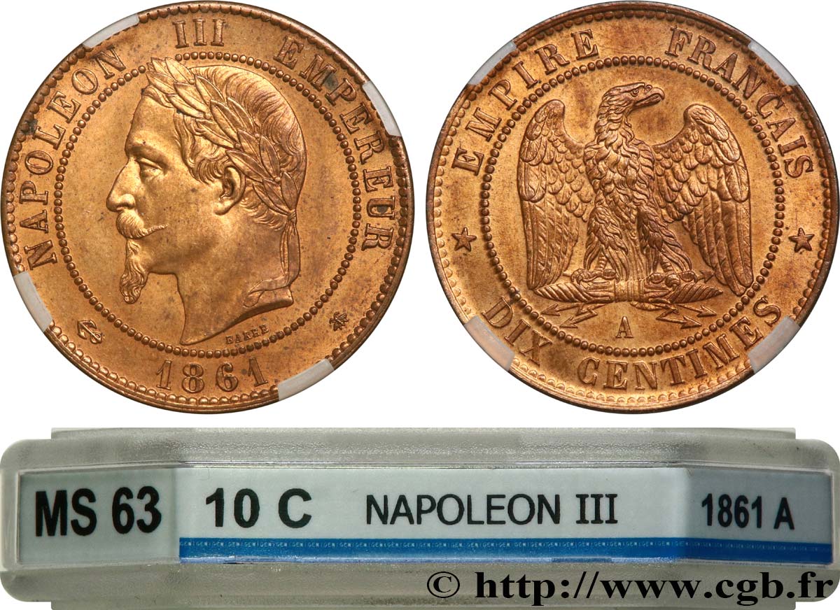 Dix centimes Napoléon III, tête laurée 1861 Paris F.134/4 MS63 GENI