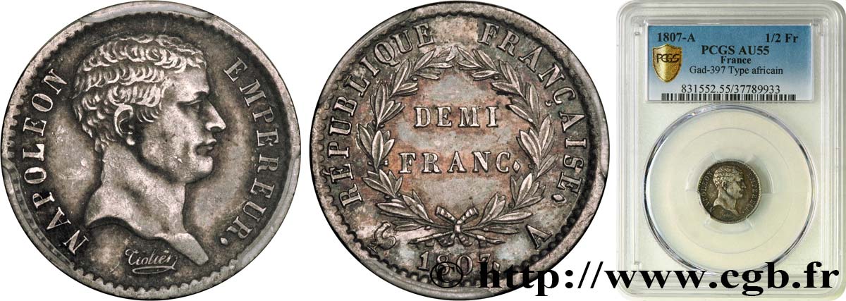 Demi-franc Napoléon Empereur, tête de nègre 1807 Paris F.176/1 SPL55 PCGS