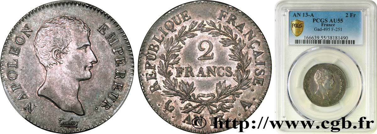 2 francs Napoléon Empereur, Calendrier révolutionnaire 1805 Paris F.251/12 SUP55 PCGS