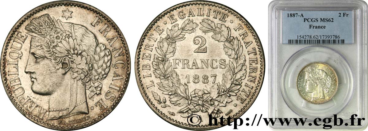 2 francs Cérès, avec légende 1887 Paris F.265/13 SPL62 PCGS
