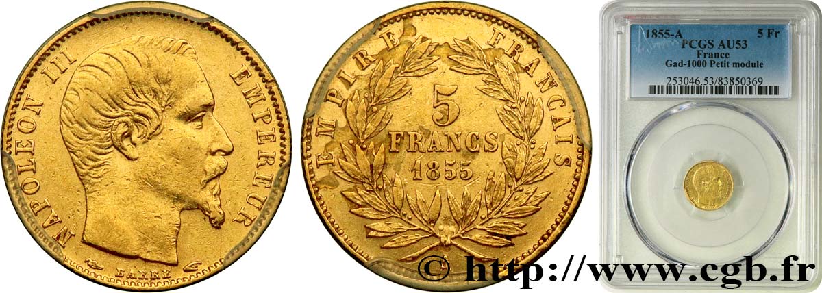 5 francs or Napoléon III, tête nue, petit module, tranche cannelée 1855 Paris F.500A/2 AU53 PCGS