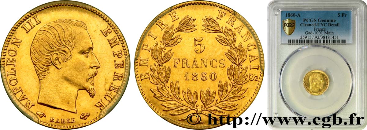 5 francs or Napoléon III, tête nue, grand module 1860 Paris F.501/10 fST PCGS