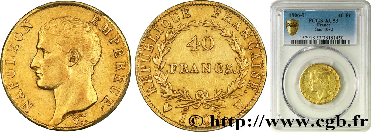40 francs or Napoléon tête nue, Calendrier grégorien 1806 Turin F.538/4 AU53 PCGS