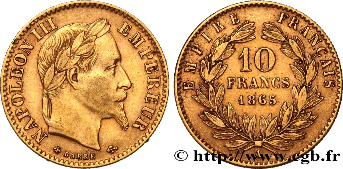 10 francs or Napoléon III, tête laurée 1865 Paris F.507A/9 MB35 