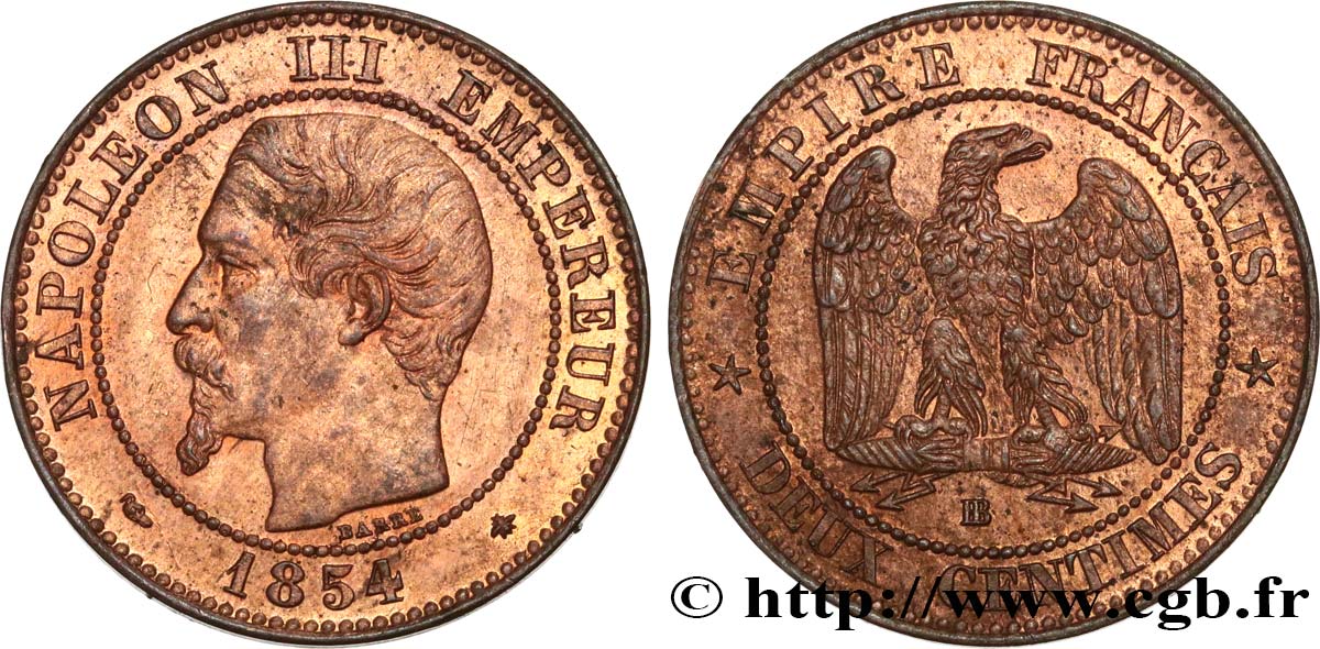 Deux centimes Napoléon III, tête nue 1854 Strasbourg F.107/11 SUP60 