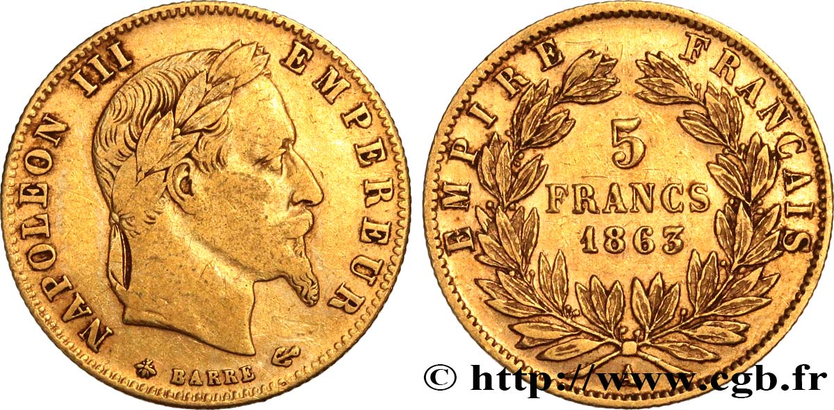 5 francs or Napoléon III, tête laurée 1863 Paris F.502/3 MB25 