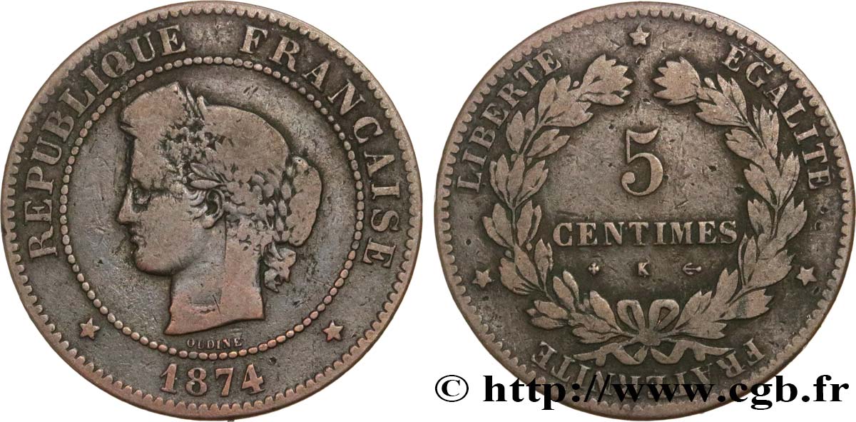 5 centimes Cérès 1874 Bordeaux F.118/10 VG10 