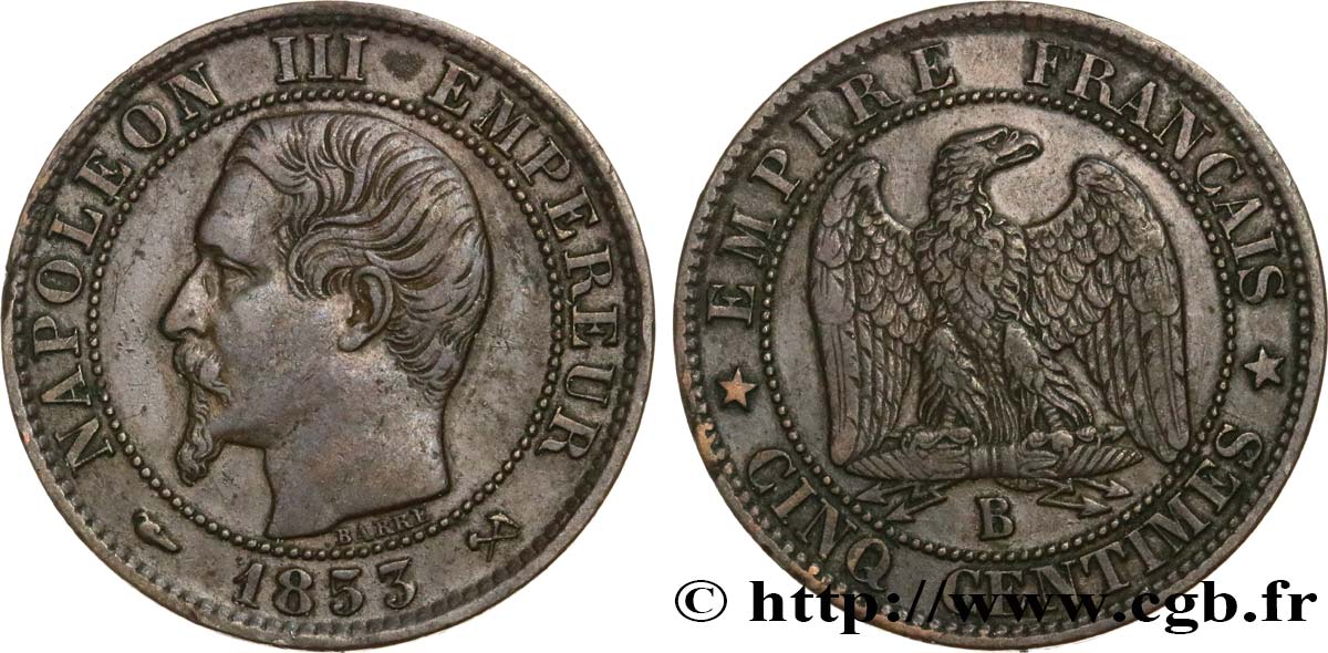 Cinq centimes Napoléon III, tête nue 1853 Rouen F.116/2 TTB40 