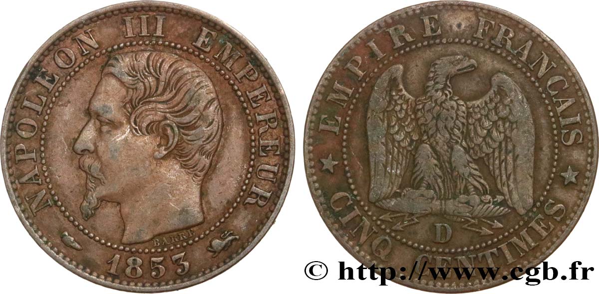Cinq centimes Napoléon III, tête nue 1853 Lyon F.116/4 MB35 