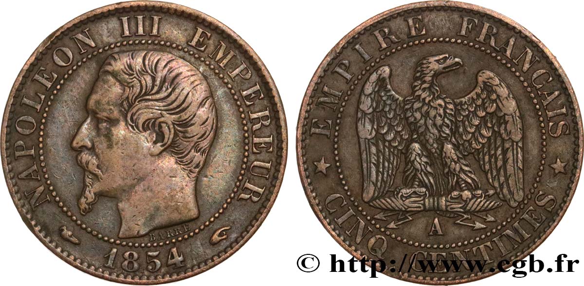 Cinq centimes Napoléon III, tête nue 1854 Paris F.116/8 XF45 