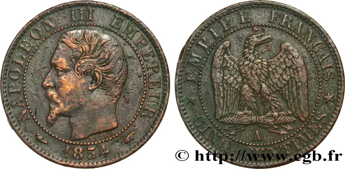 Cinq centimes Napoléon III, tête nue 1854 Paris F.116/8 XF 