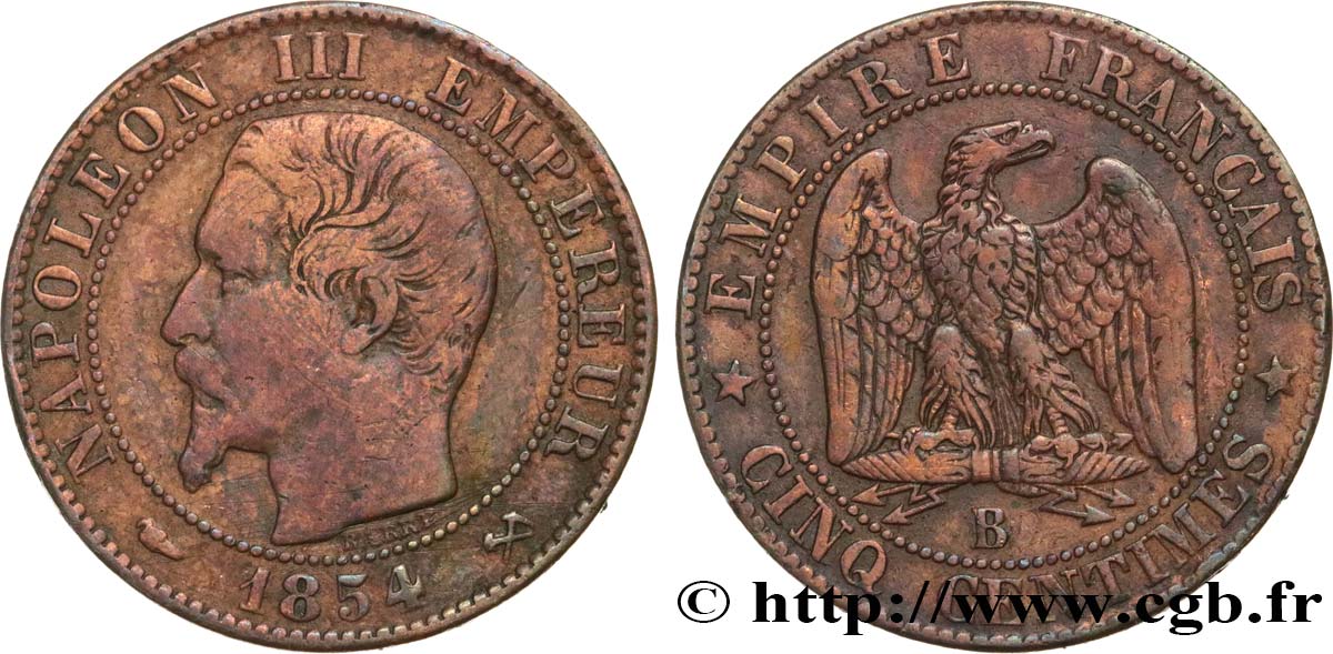 Cinq centimes Napoléon III, tête nue 1854 Rouen F.116/9 TB30 