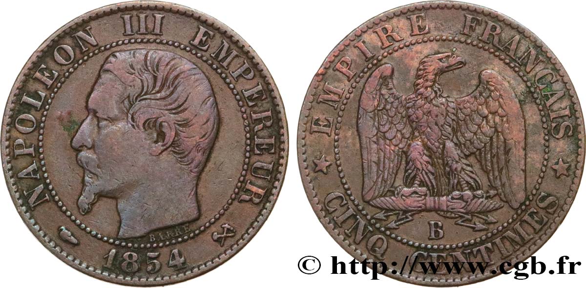 Cinq centimes Napoléon III, tête nue 1854 Rouen F.116/9 MB35 
